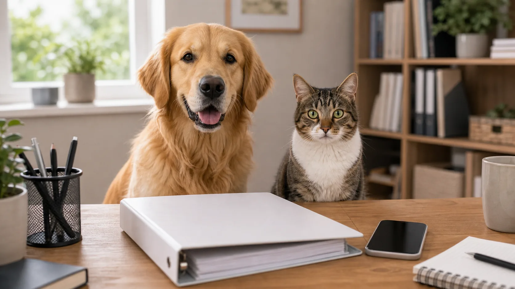 Chien et chat calmes dans un intérieur familial