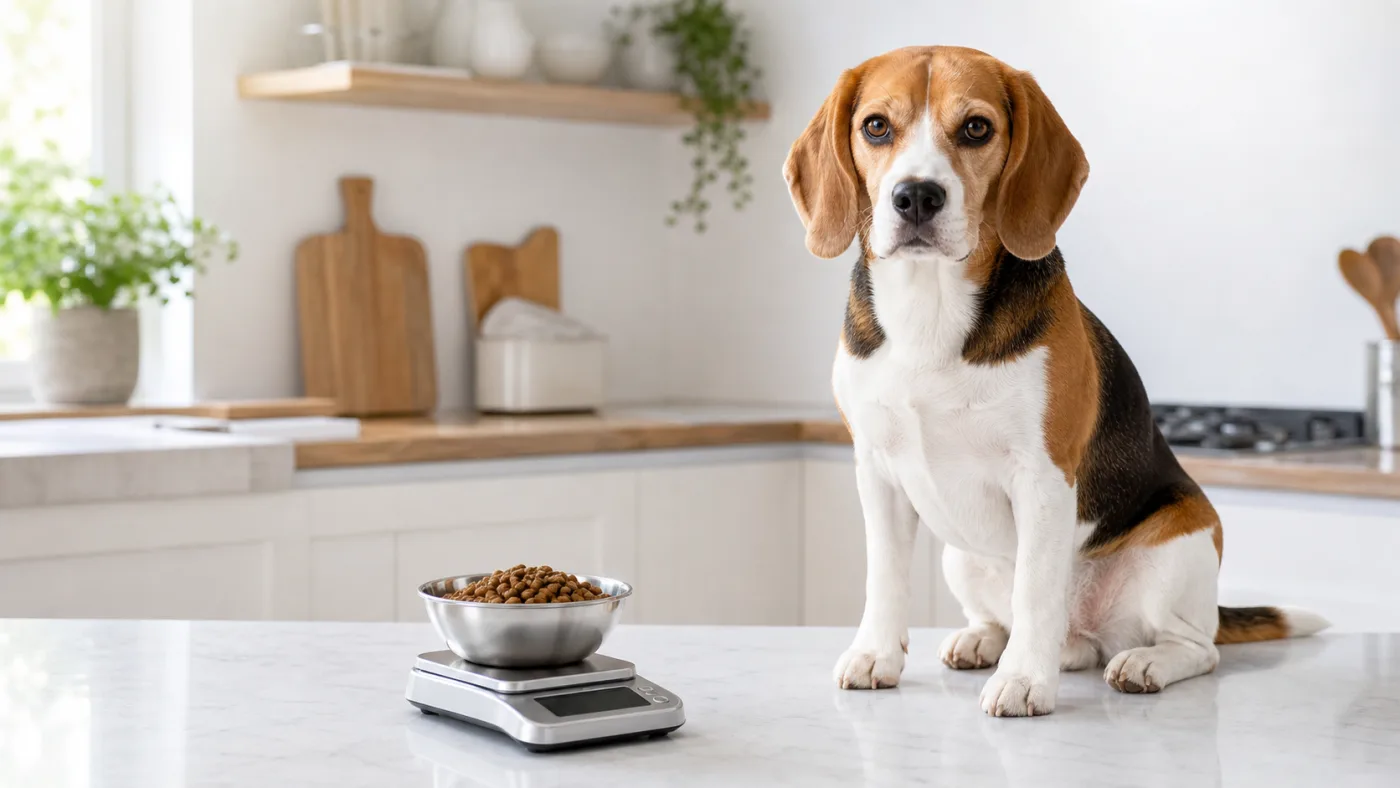 Beagle assis dans une cuisine à côté d'une ration de croquettes pesée sur une balance
