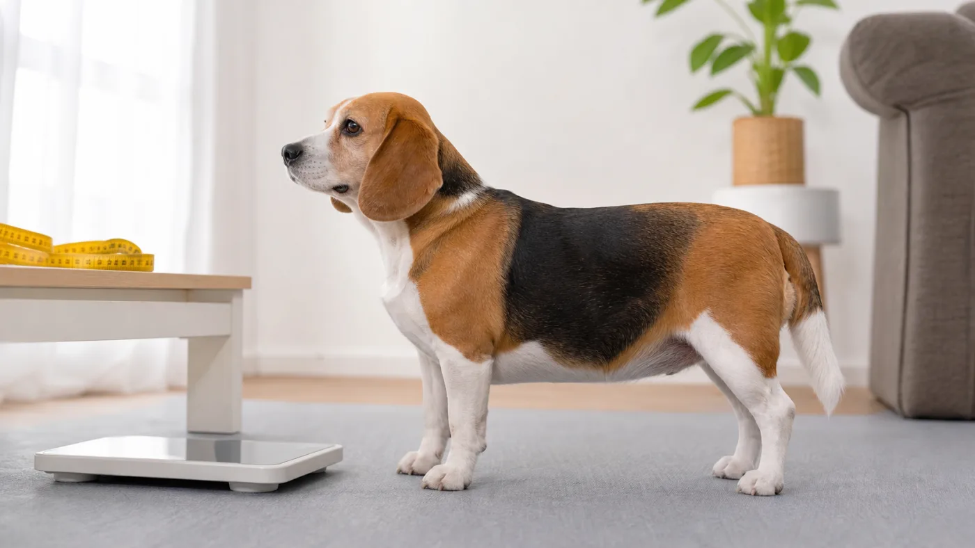 Beagle debout de profil avec une balance et un mètre pour suivre son score corporel