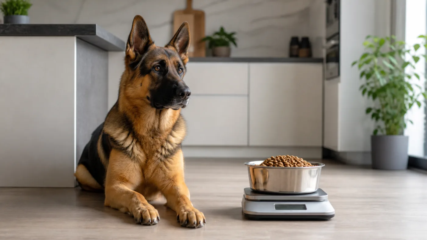 Berger Allemand adulte couché dans une cuisine près d'une ration de croquettes pesée