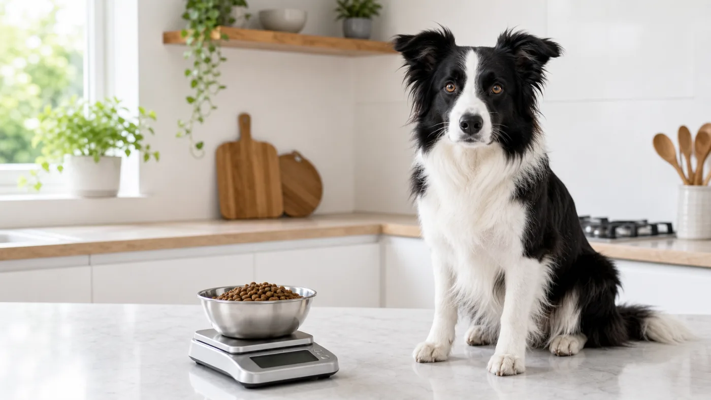 Border Collie adulte près d'une ration de croquettes pesée dans une cuisine