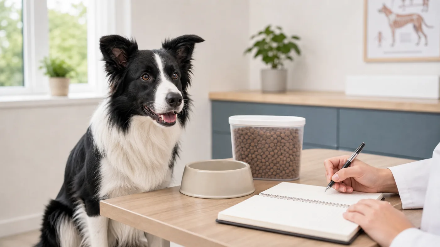 Border Collie en consultation nutritionnelle avec carnet alimentaire et croquettes sans marque