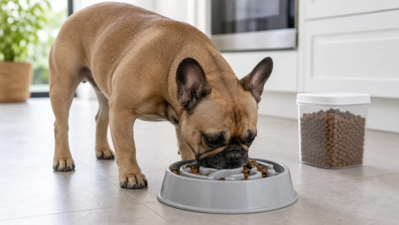 Bouledogue français mangeant des croquettes dans une gamelle anti-glouton