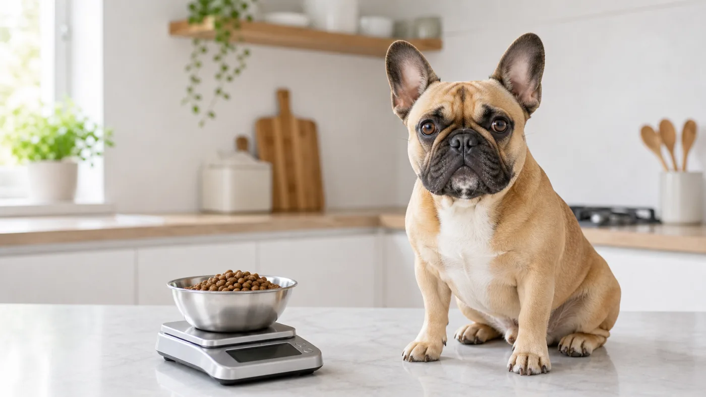 Bouledogue français assis près d'une ration de croquettes pesée sur une balance de cuisine
