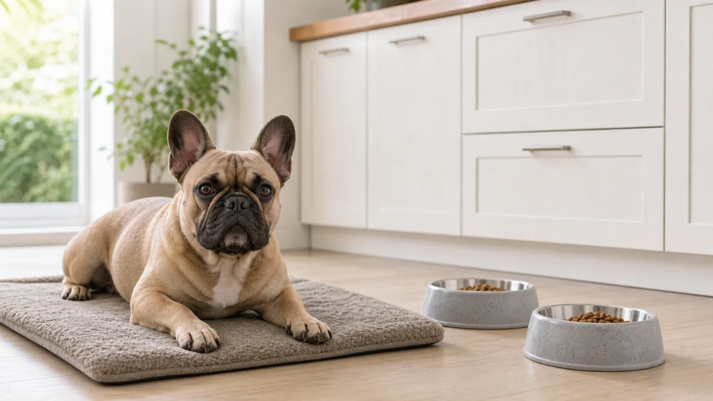 Bouledogue français au repos sur un tapis avec deux petites gamelles de croquettes