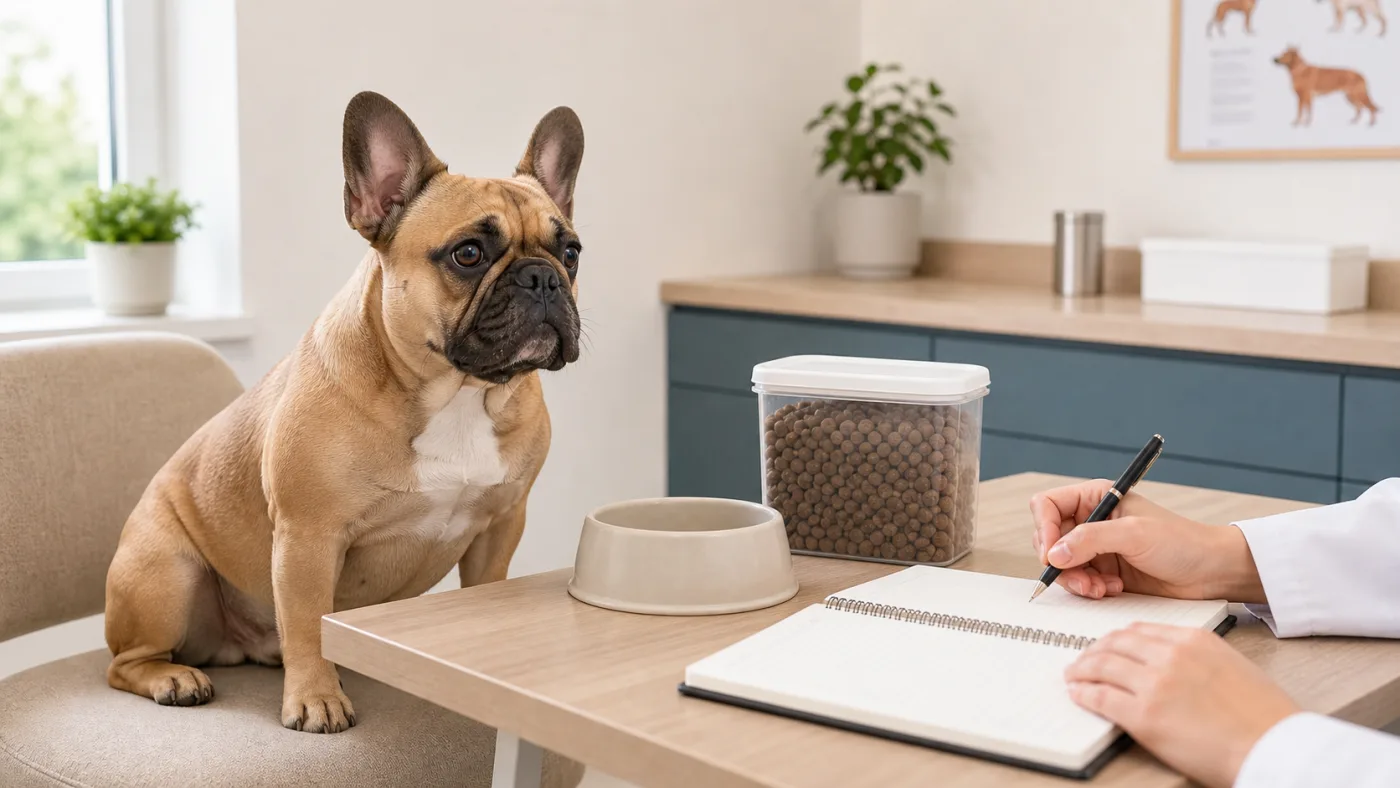 Bouledogue français en consultation nutritionnelle avec carnet alimentaire et croquettes sans marque