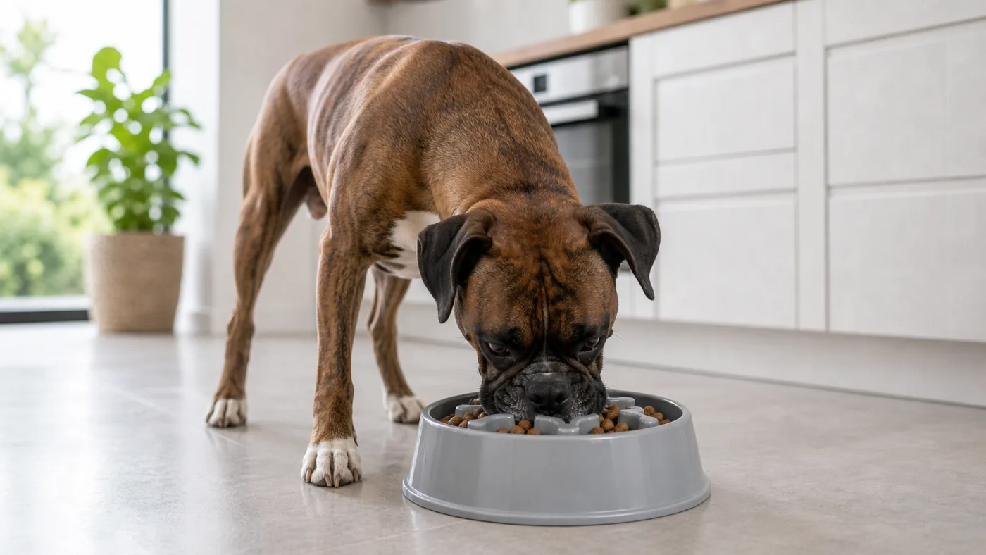 Boxer bringé mangeant dans une gamelle anti-glouton avec une ration de croquettes