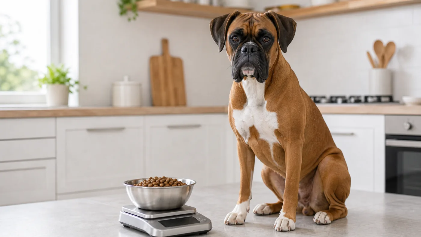 Boxer adulte assis dans une cuisine près d'une ration de croquettes pesée sur une balance