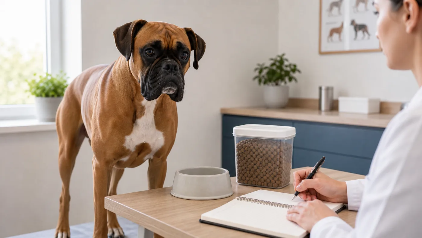 Boxer en consultation nutritionnelle avec carnet alimentaire et croquettes sans marque