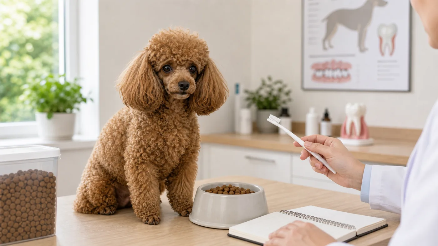 Caniche en consultation dentaire et nutritionnelle avec brosse à dents et carnet alimentaire