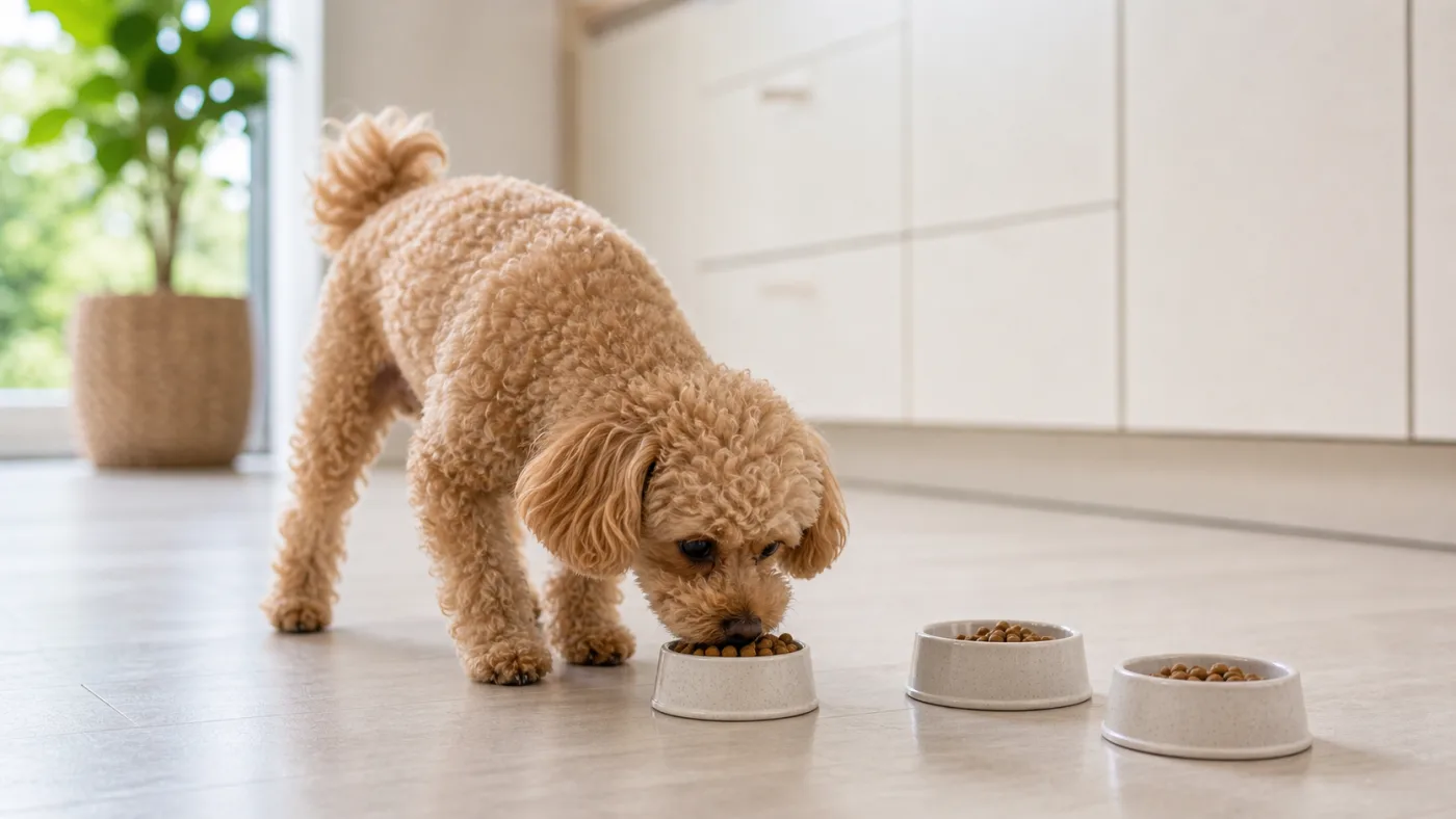 Caniche Toy mangeant une petite ration avec plusieurs mini gamelles au sol