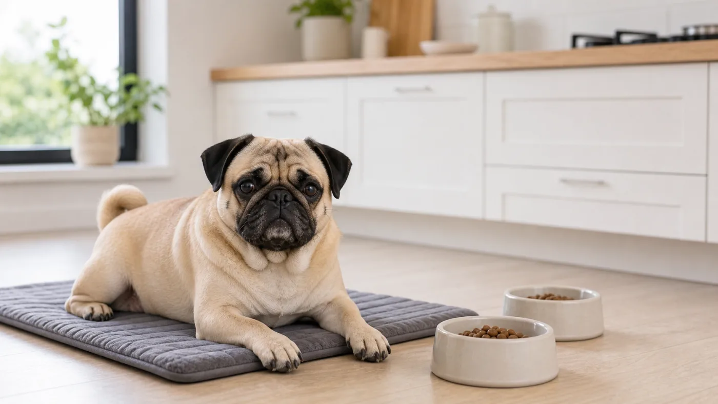 Carlin au repos sur un tapis avec deux petites gamelles de croquettes