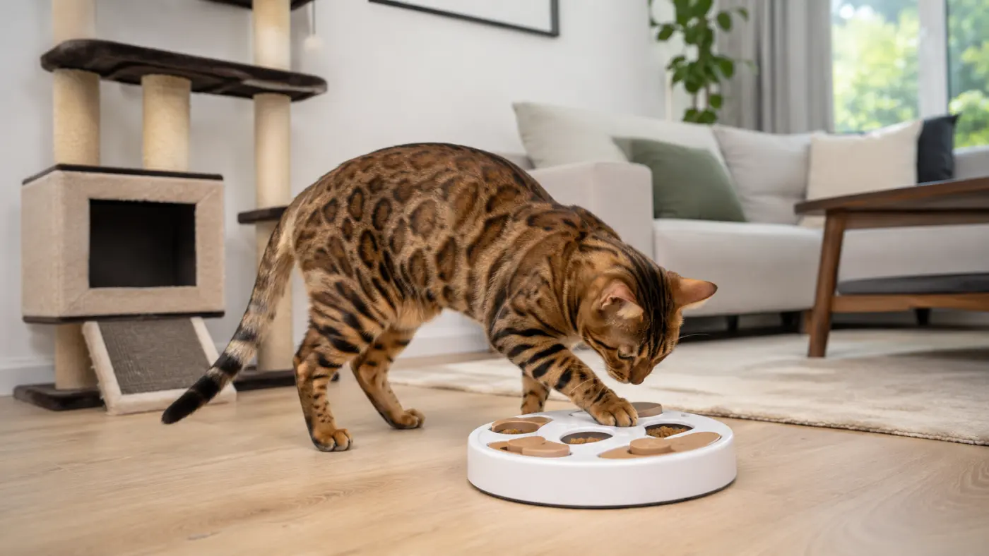 Alimentation du chat Bengal : énergie, protéines et prévention - alimentation chat bengal puzzle feeder