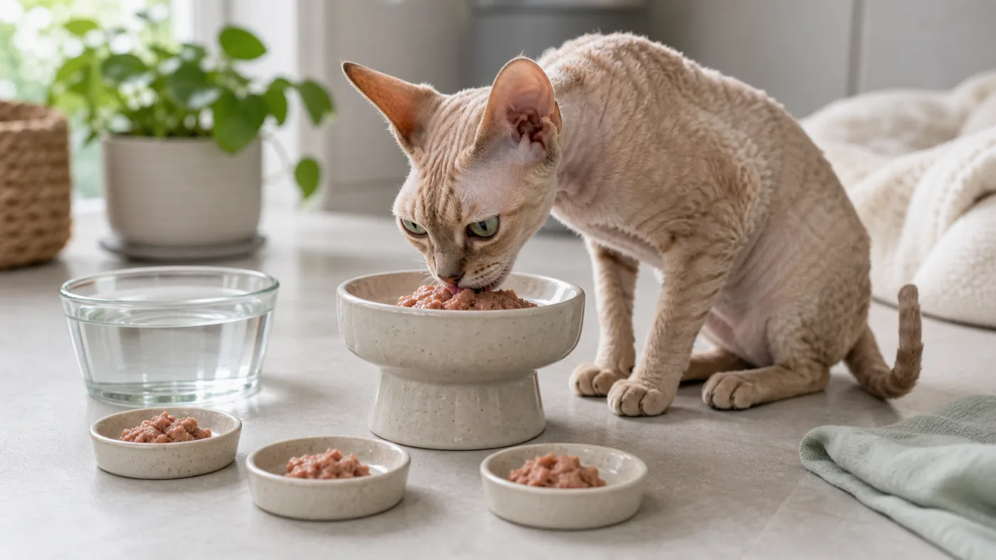 Alimentation du Devon Rex : énergie, muscles et pelage frisé - alimentation chat devon rex gamelle surelevee