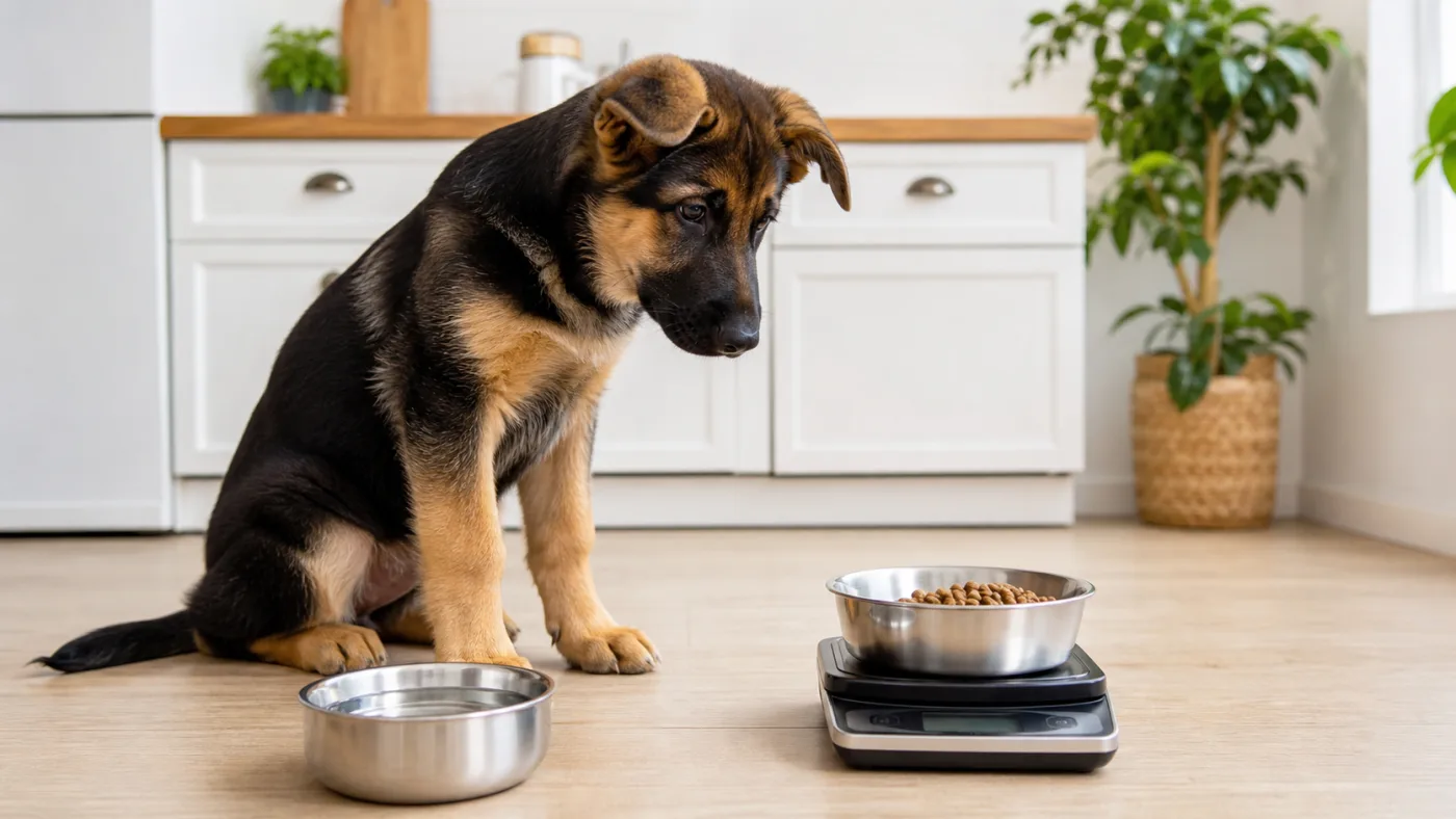 Chiot de grande race avec une ration mesurée sur une balance de cuisine
