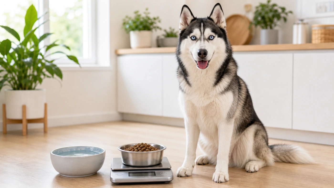 Husky Sibérien avec une ration pesée et un bol d'eau