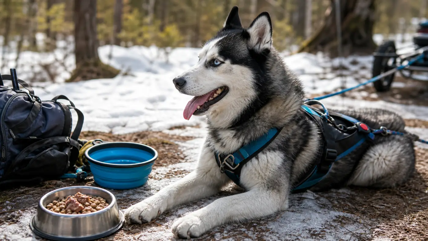 Husky Sibérien au repos après un entraînement avec eau et repas de récupération