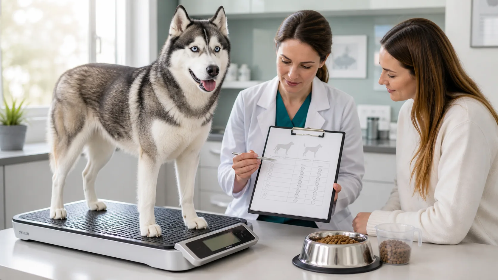 Husky Sibérien sur une balance vétérinaire pour le suivi du poids