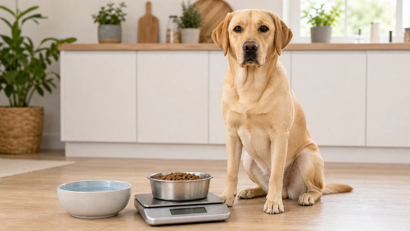 Labrador Retriever avec une ration pesée sur une balance de cuisine