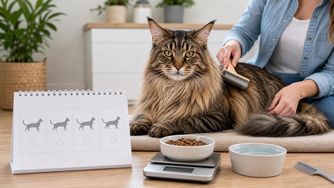 Maine Coon brossé avec contrôle de la silhouette et ration mesurée