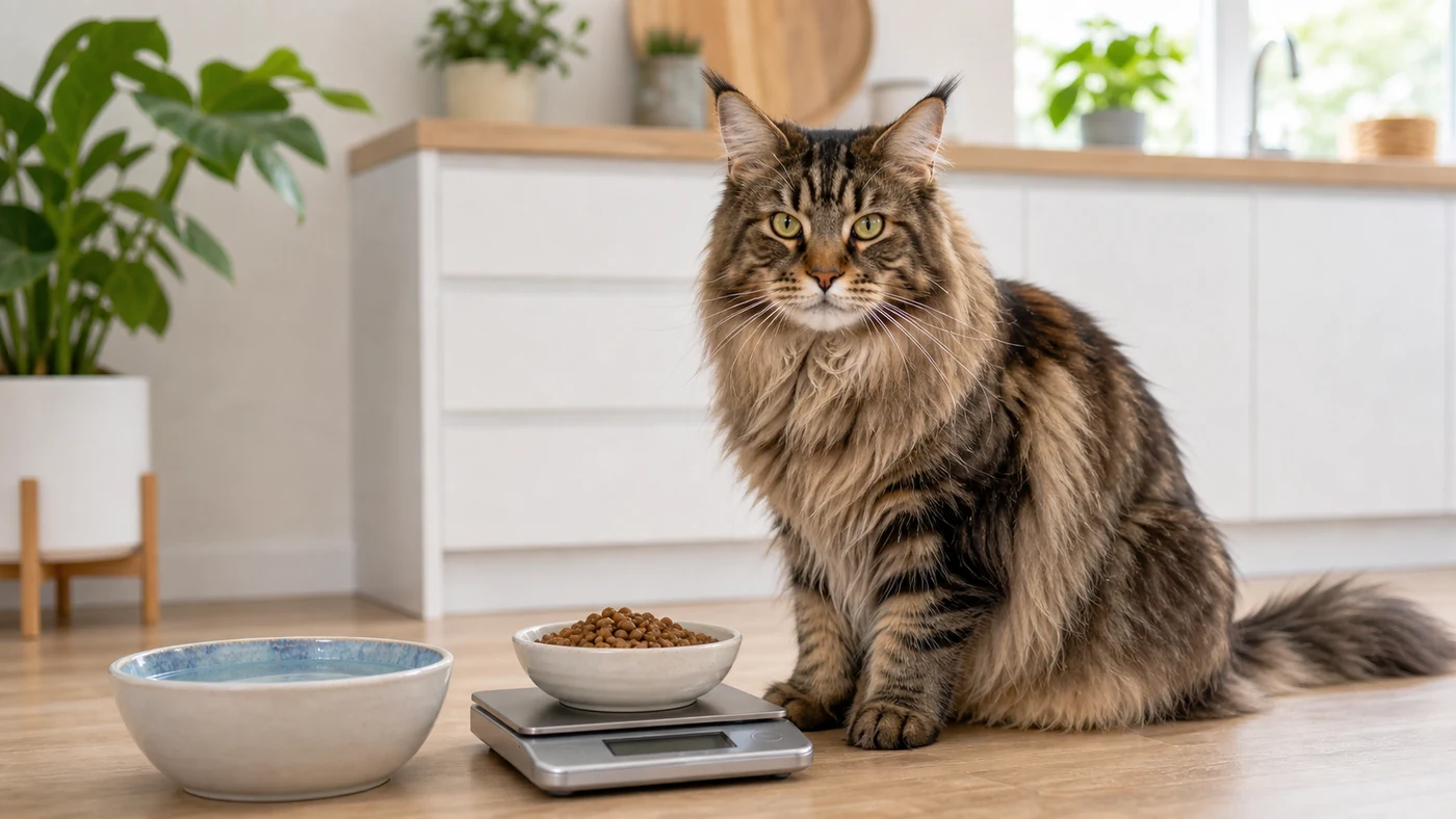 Maine Coon avec une ration de nourriture pesée sur une balance