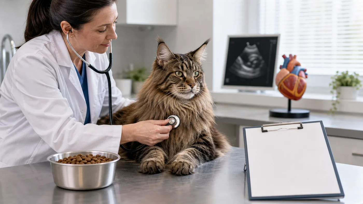 Maine Coon en consultation vétérinaire avec stéthoscope et ration mesurée