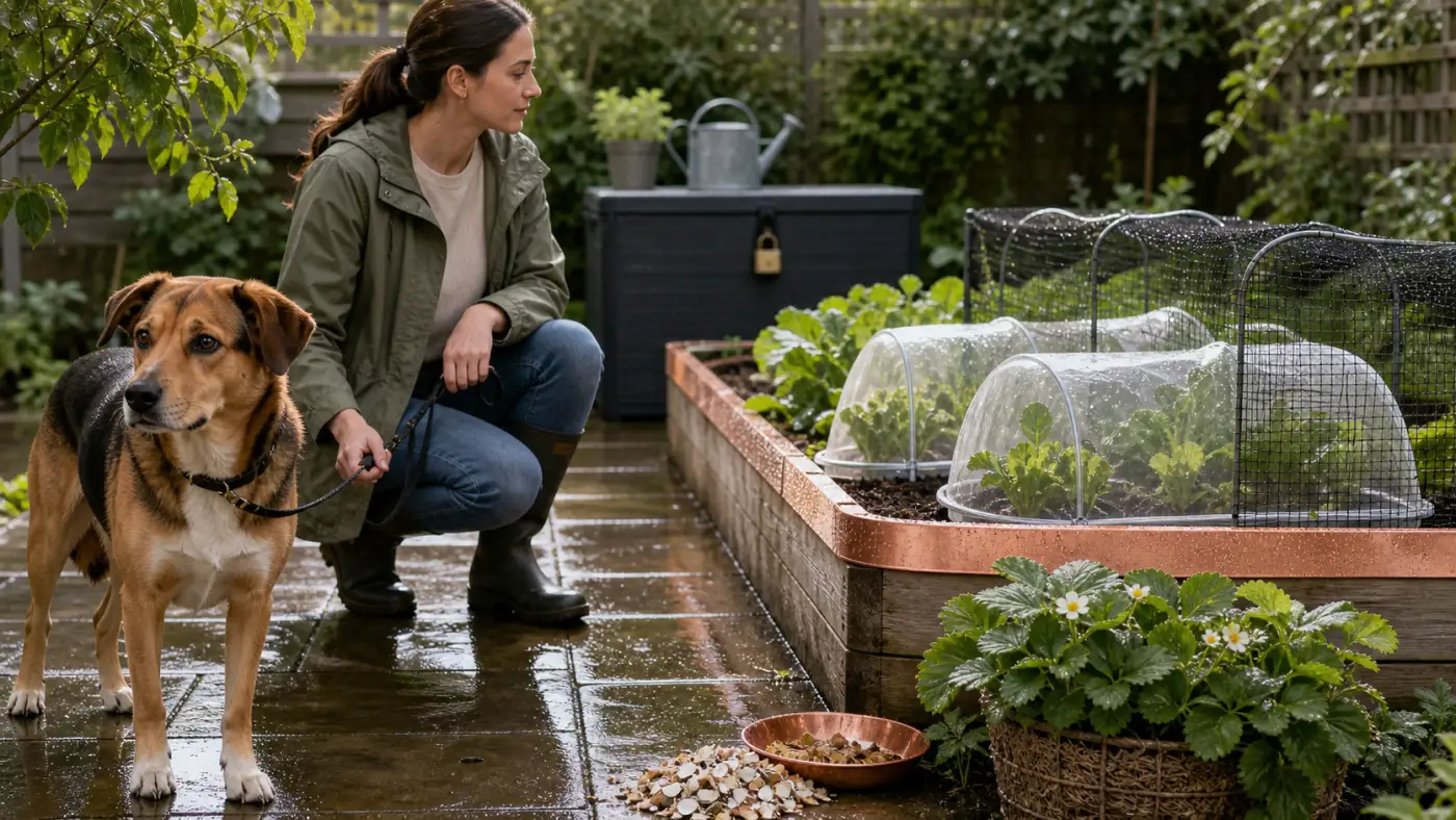 Jardin sécurisé avec alternatives aux granulés anti-limaces pour protéger un chien