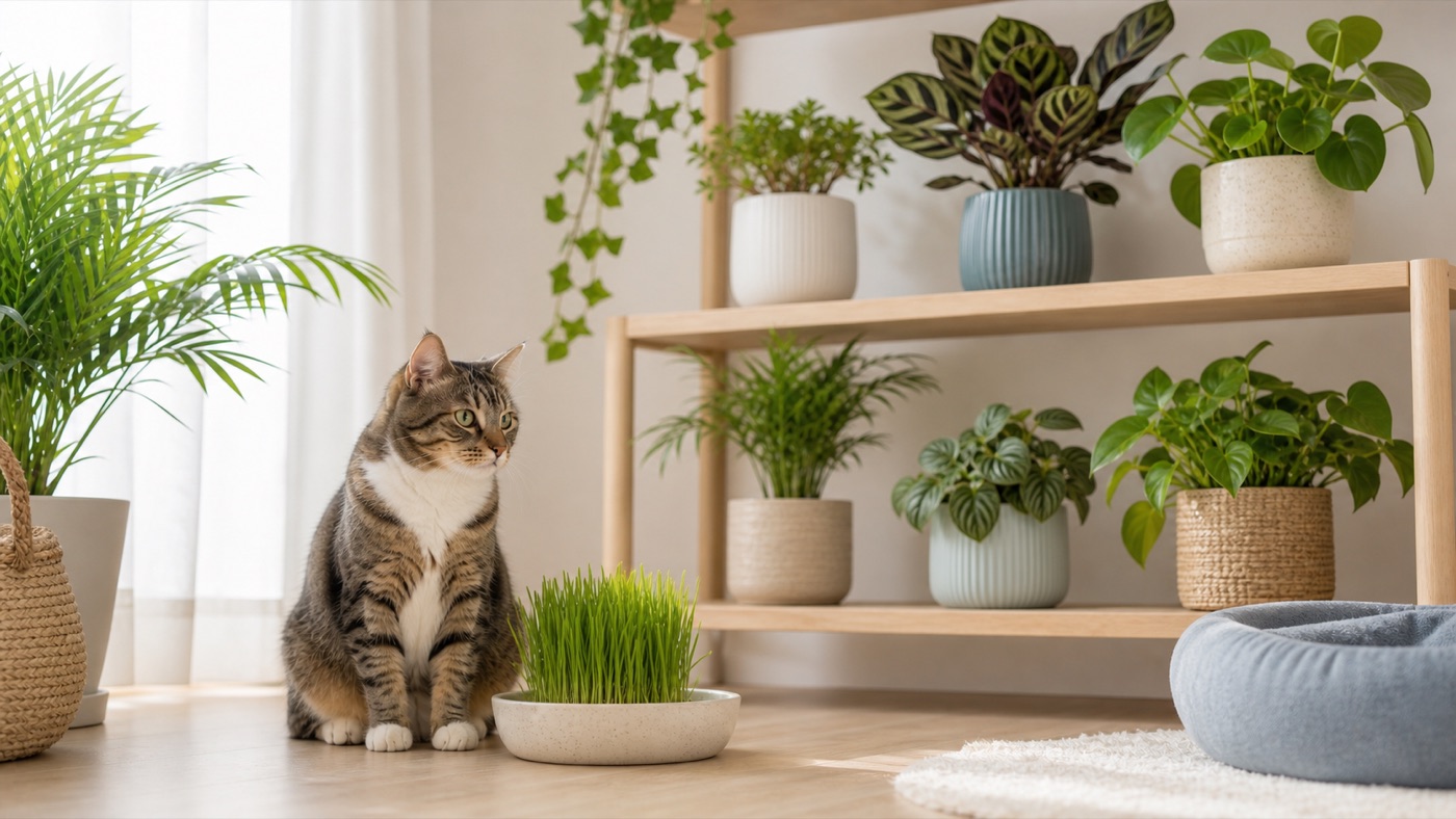 Chat près d'herbe à chat et de plantes d'intérieur compatibles