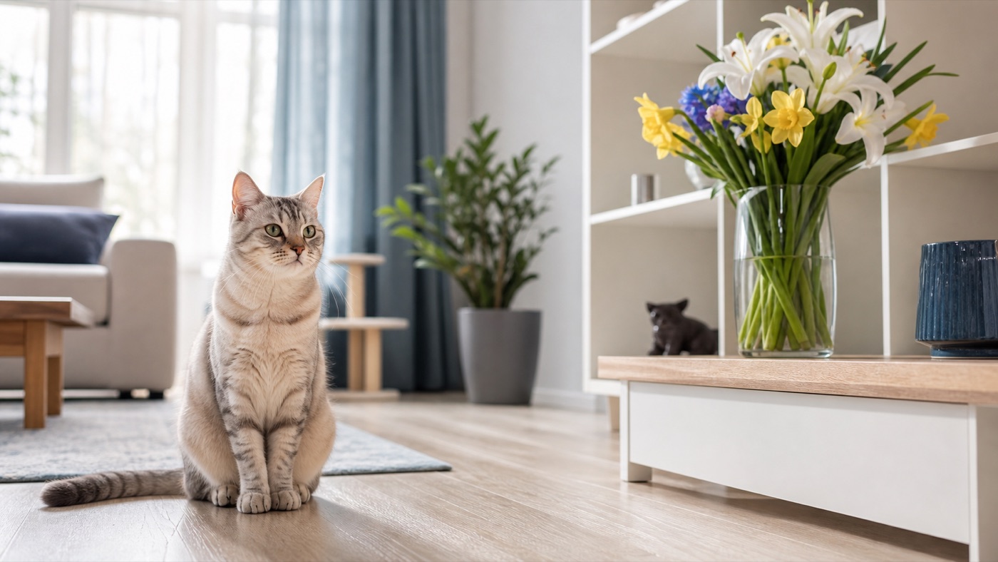 Chat assis à distance d'un bouquet de lys placé hors de portée