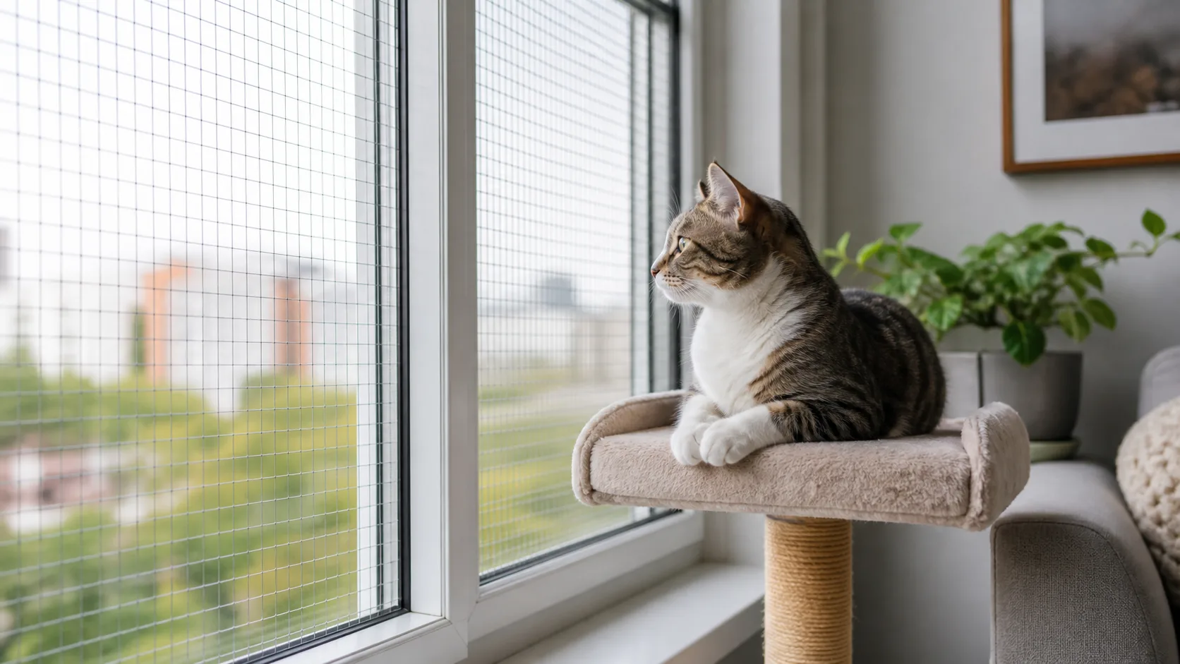 Chat près d'une fenêtre sécurisée dans un appartement