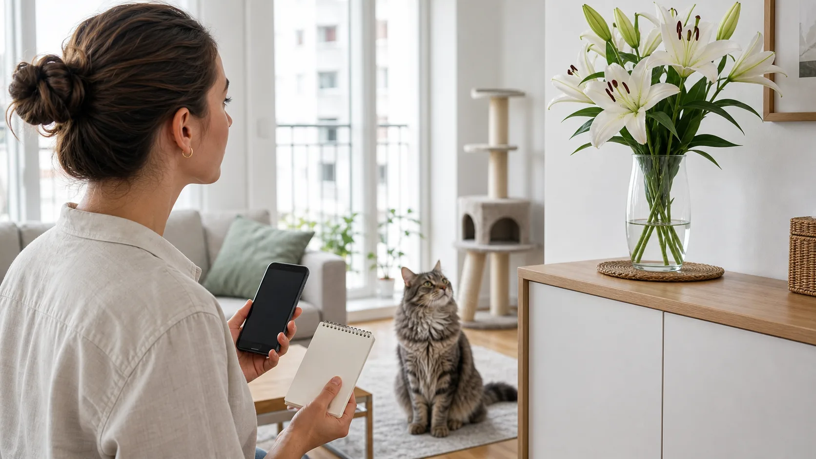 Chat séparé d'un bouquet de lys pendant que sa propriétaire appelle le vétérinaire