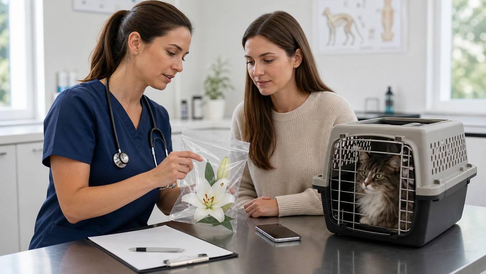 Consultation vétérinaire après exposition d'un chat au lys avec échantillon de plante