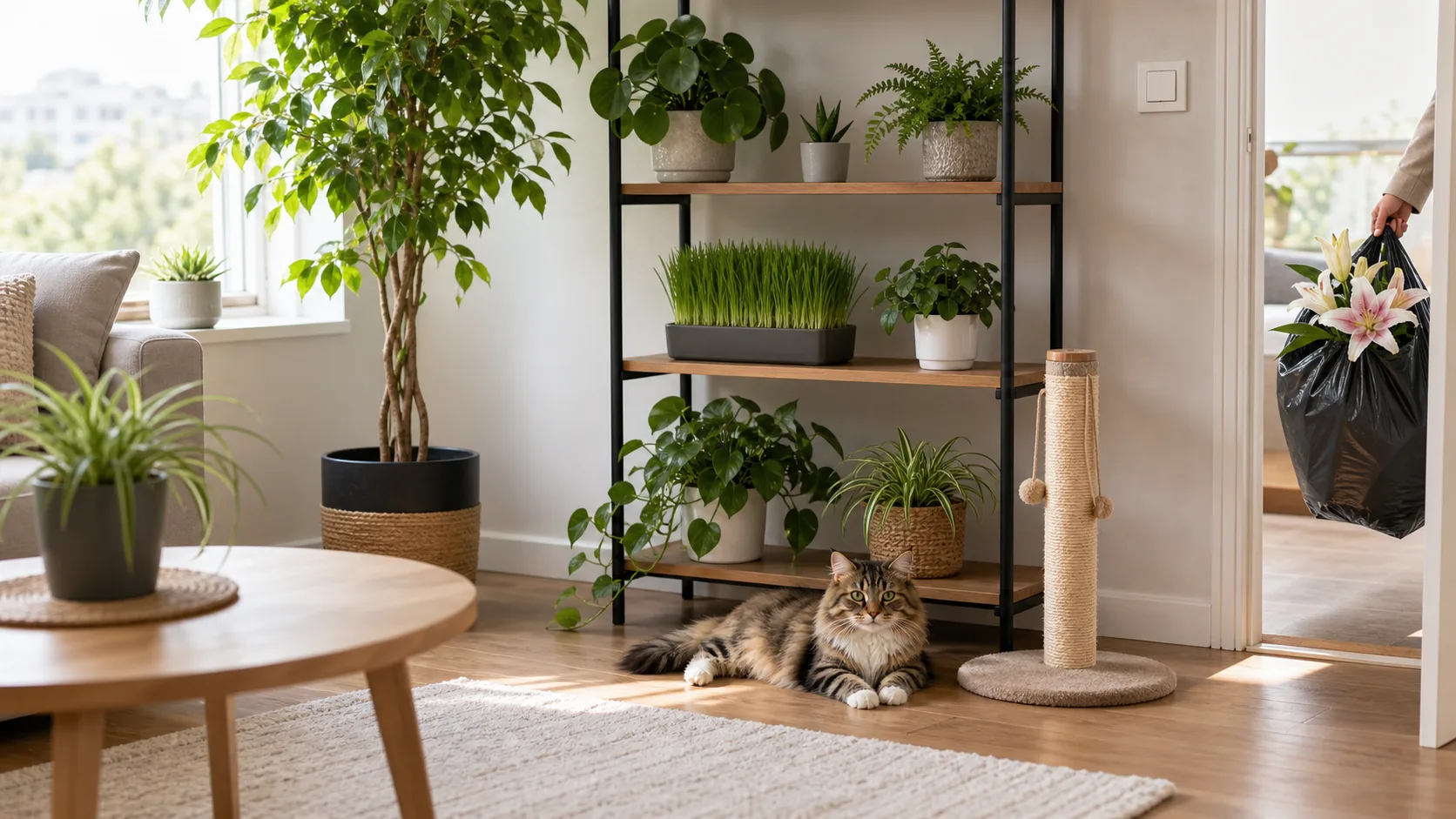 Maison sécurisée pour un chat avec plantes compatibles et sans lys