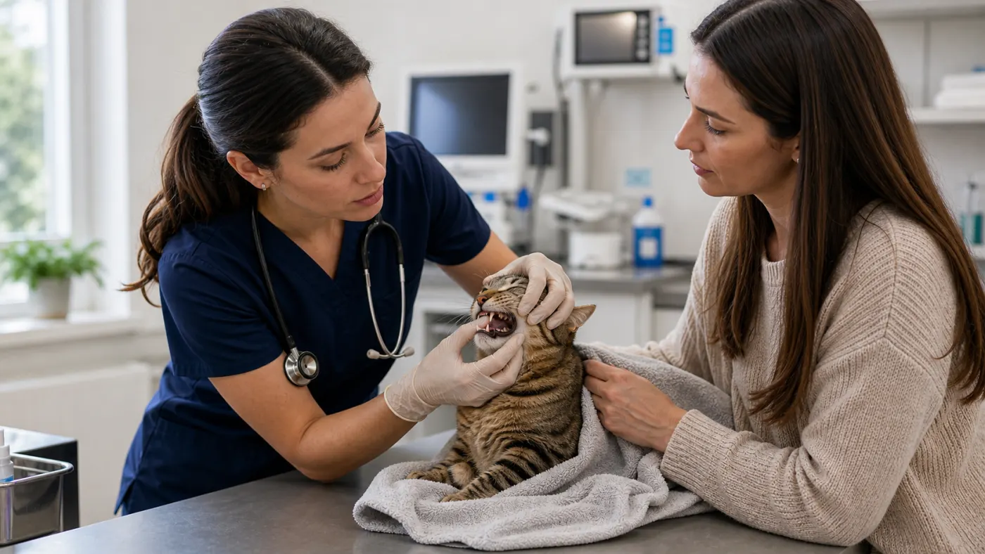 Examen vétérinaire de la bouche d'un chat qui bave
