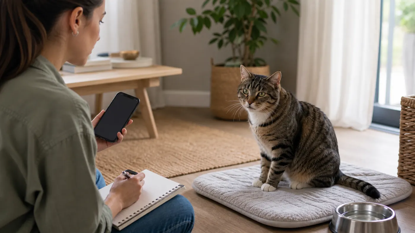 Chat surveillé à la maison pendant que sa propriétaire note les signes associés à la salivation