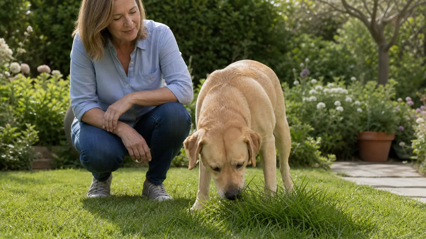 Pourquoi mon chien mange de l'herbe ? Explications et quand s'inquiéter - chien mange herbe jardin