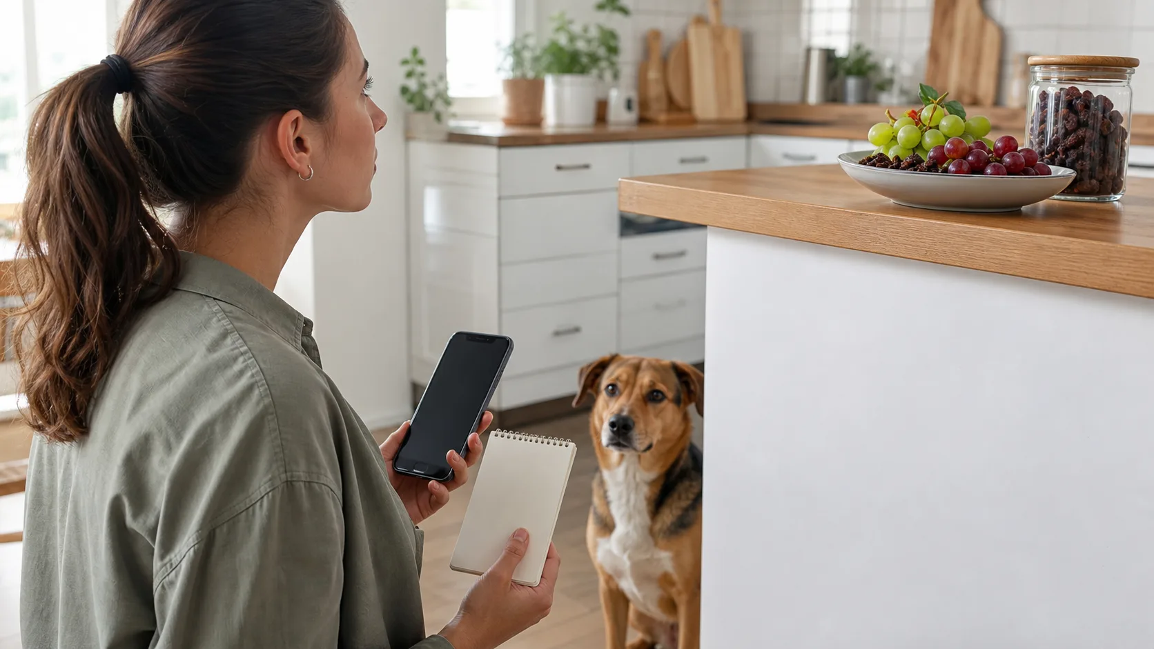 Chien assis dans une cuisine pendant que sa propriétaire appelle le vétérinaire après une ingestion de raisin