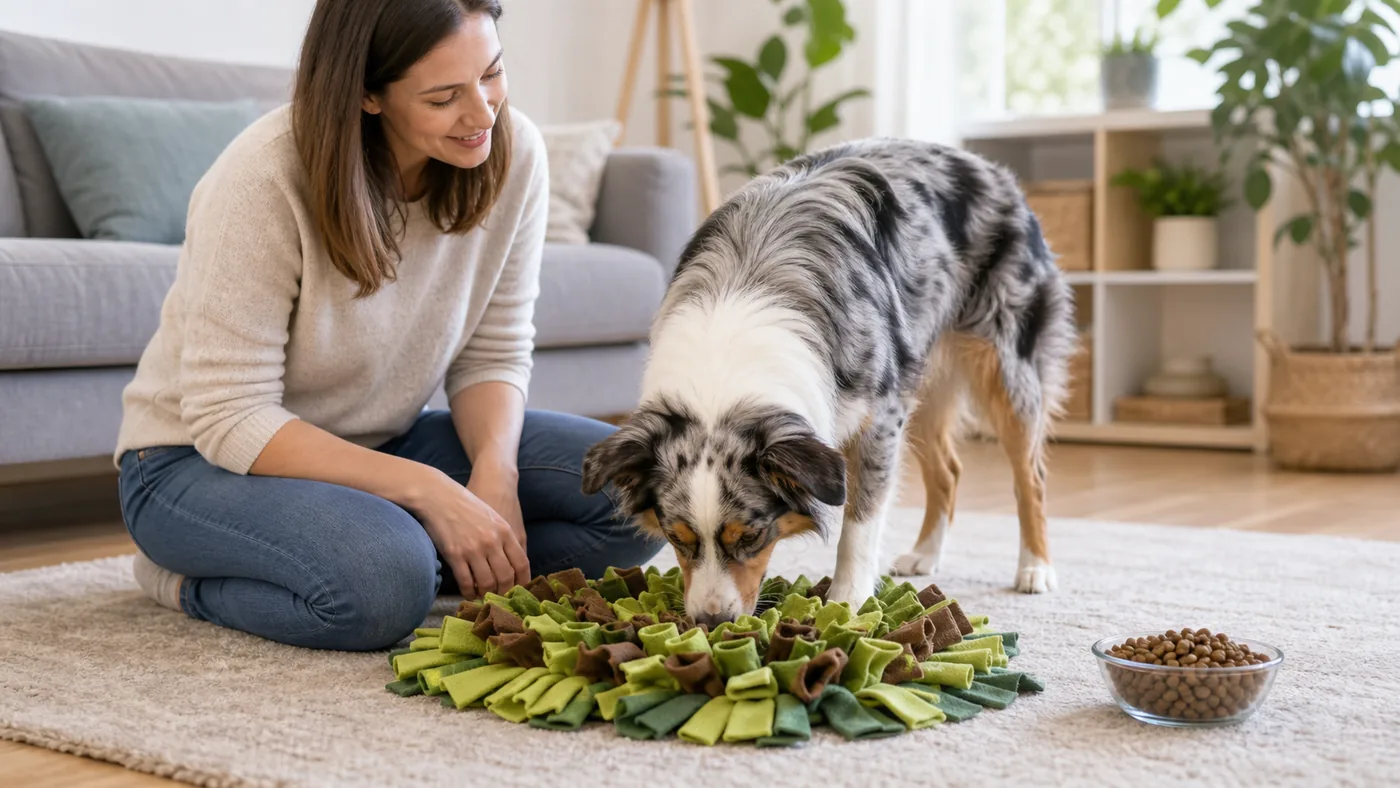 Mon chien mange trop vite : risques et solutions efficaces - chien mange trop vite tapis fouille