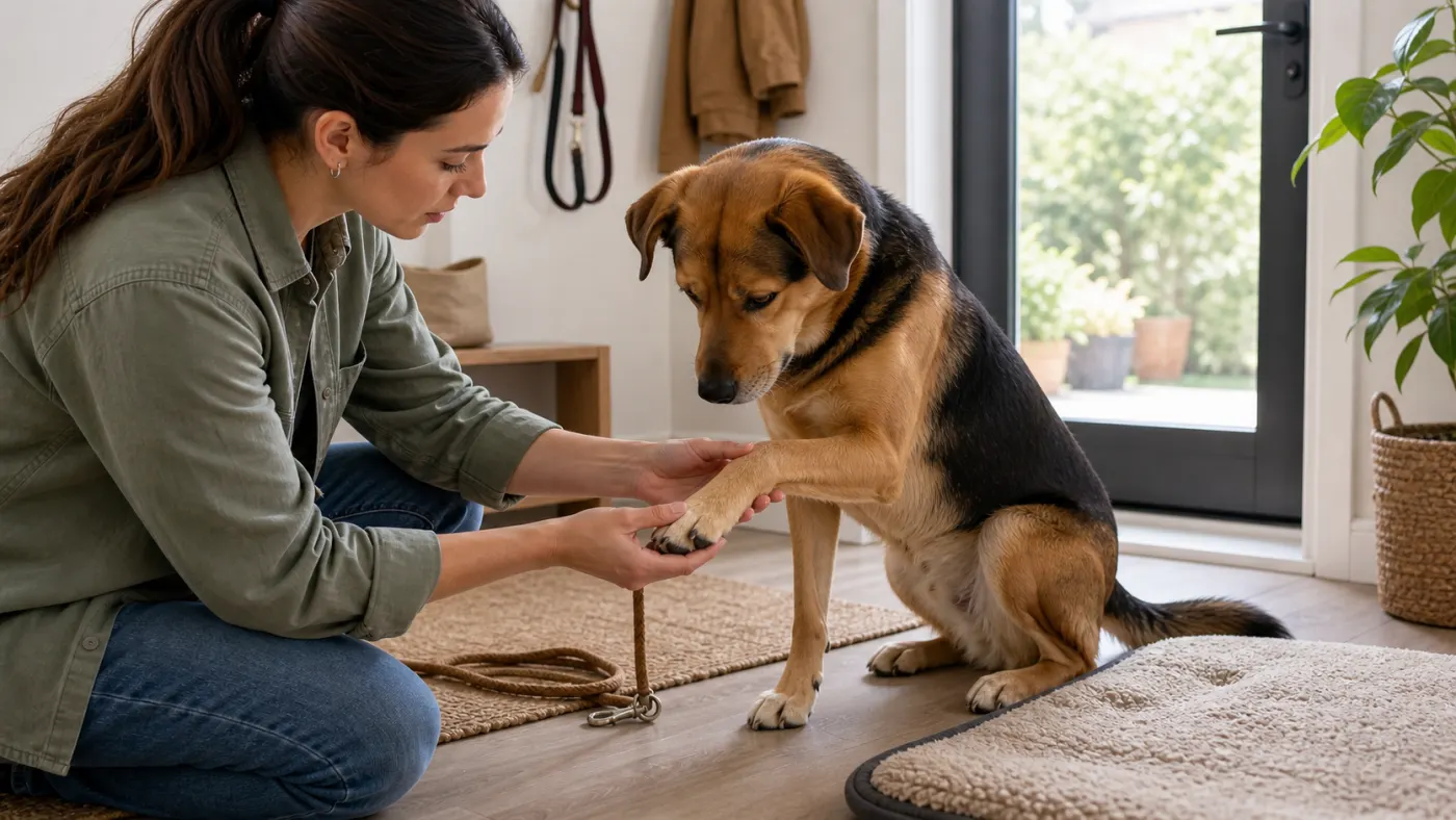 Propriétaire observant doucement la patte d'un chien qui boite après une promenade