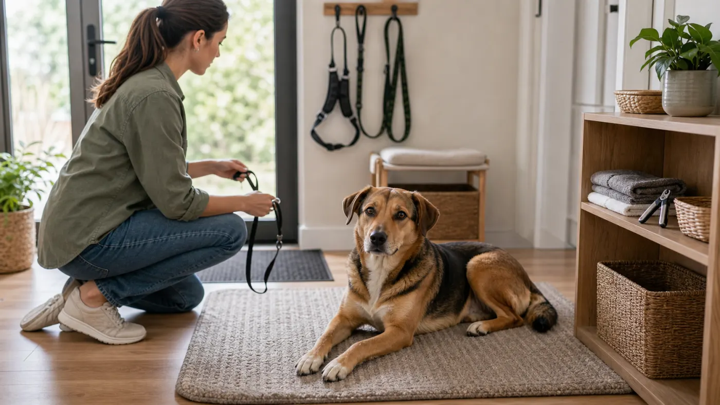 Chien au repos sur tapis antidérapant après une boiterie