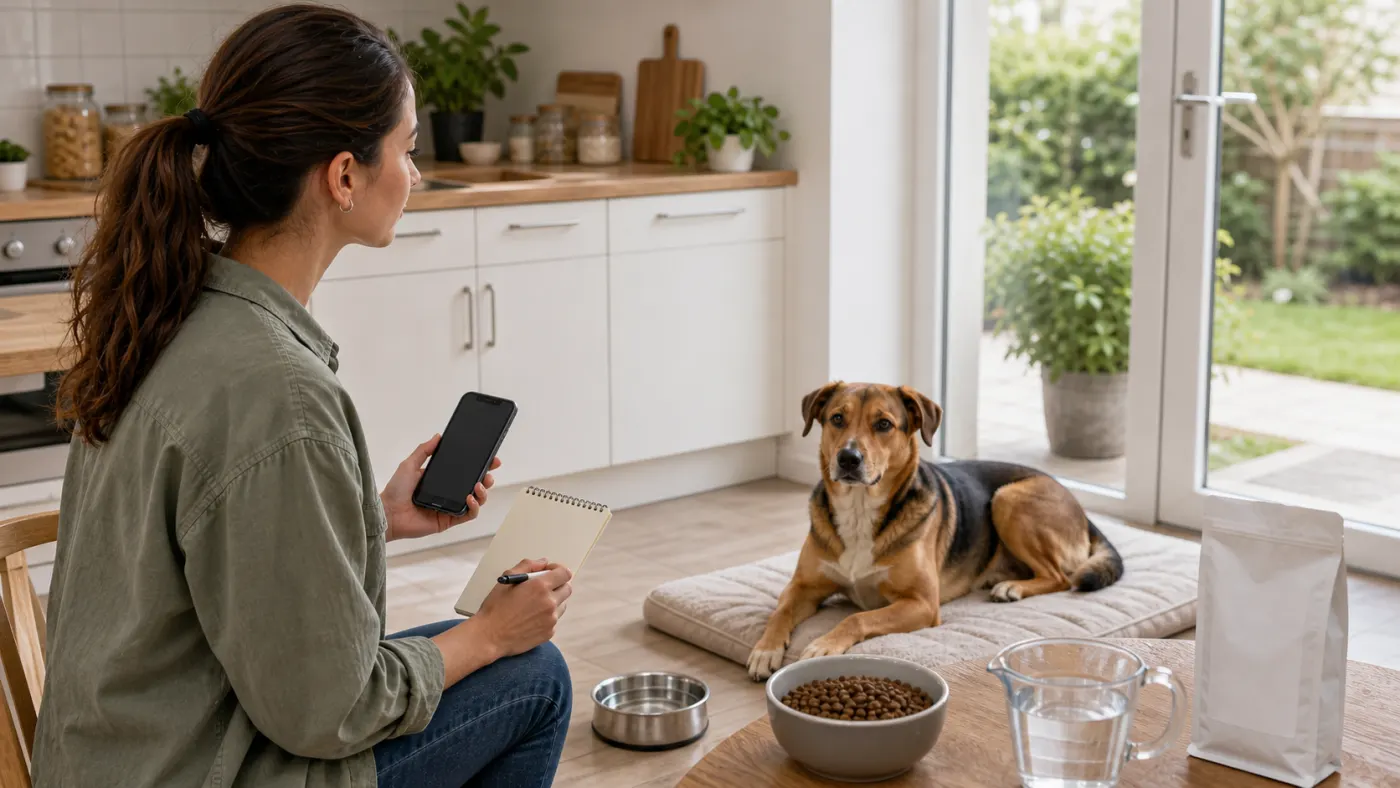 Chien au repos sur un coussin pendant que sa propriétaire note les signes à surveiller