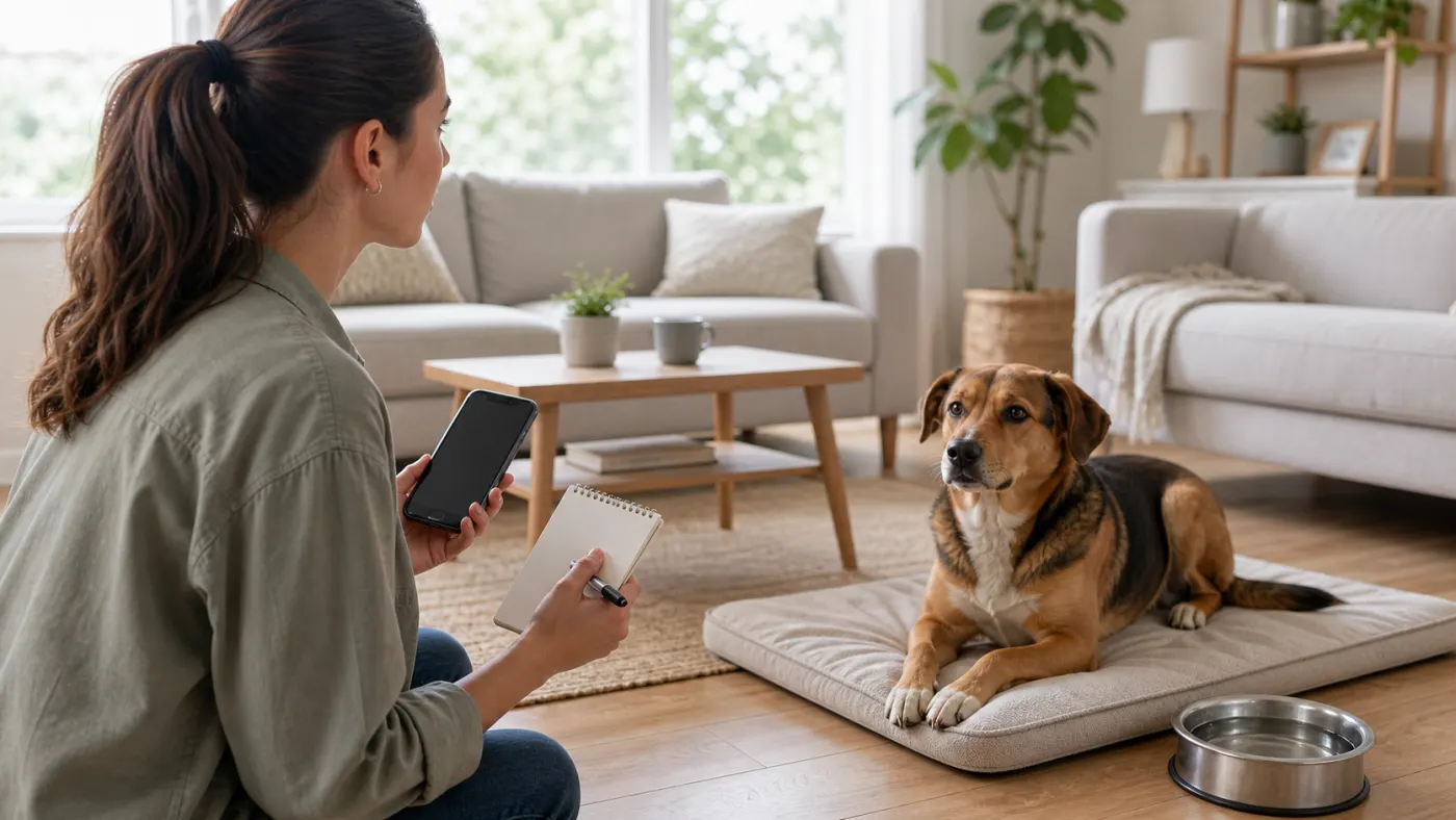 Chien au repos surveillé par sa propriétaire après un épisode de vomissement