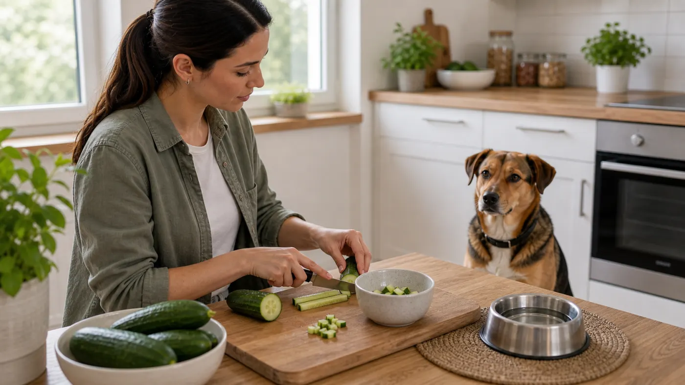 Préparation de petits morceaux de concombre nature pour un chien