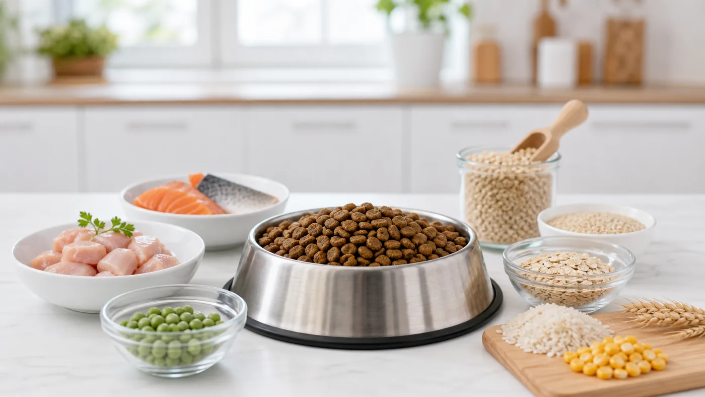 Sources de protéines et croquettes présentées pour comparer la qualité