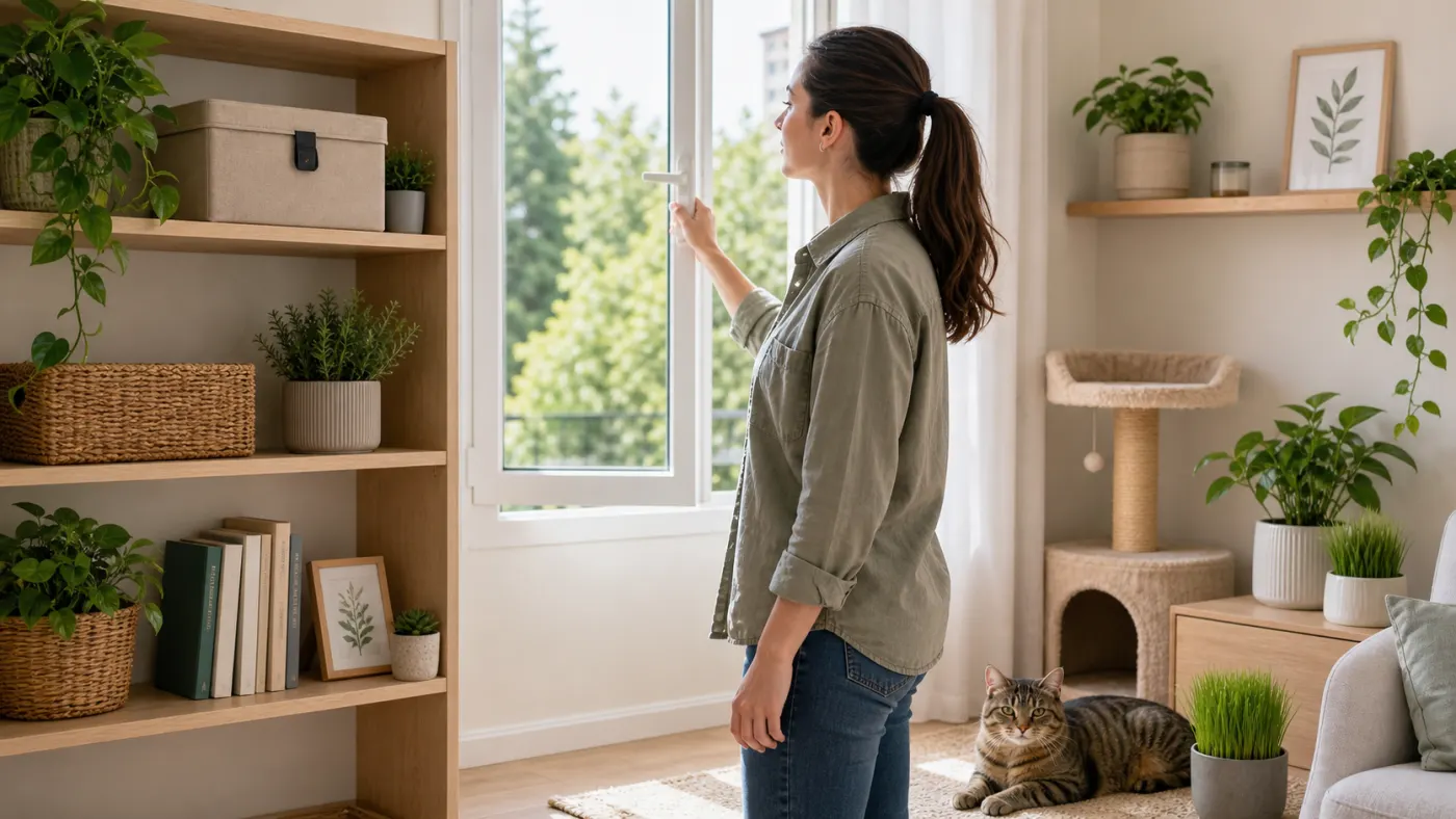Diffuseur rangé et chat installé dans une pièce ventilée sans huiles essentielles