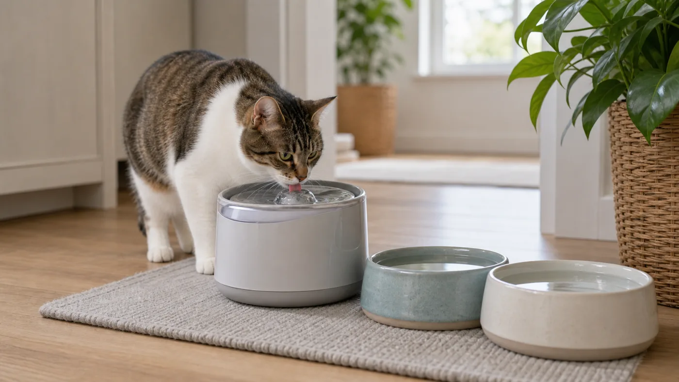 Chat près d'une fontaine à eau propre