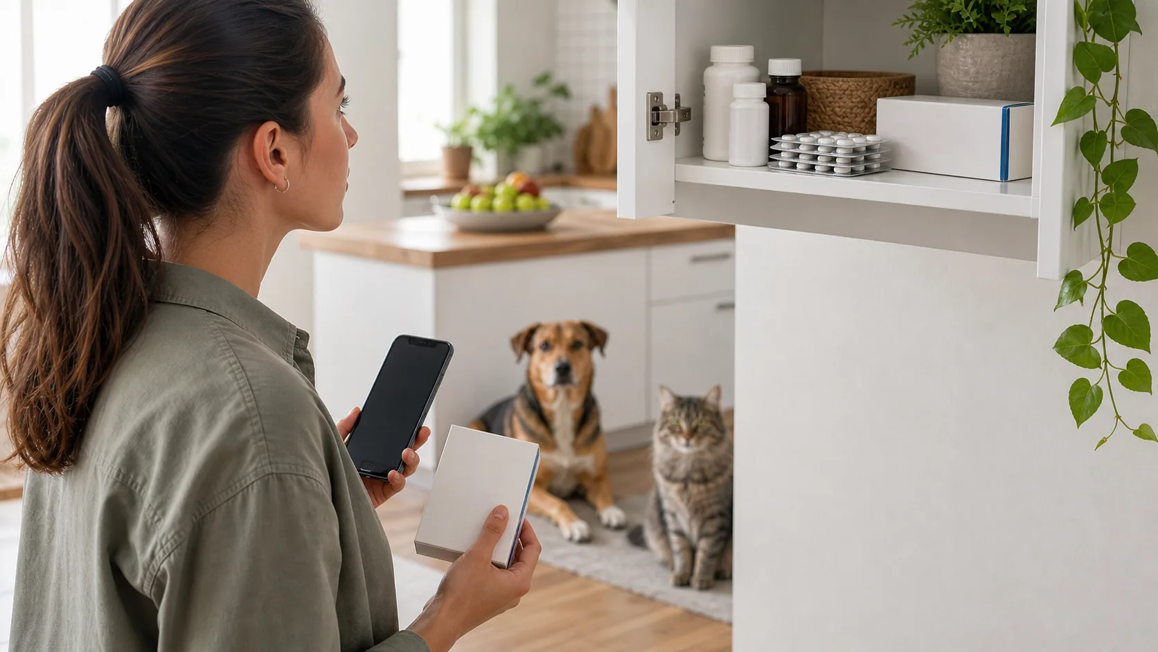 Médicaments anti-inflammatoires humains rangés loin d'un chien et d'un chat