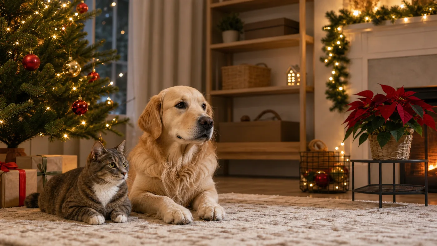 Chien et chat dans un salon de Noël avec décorations sécurisées