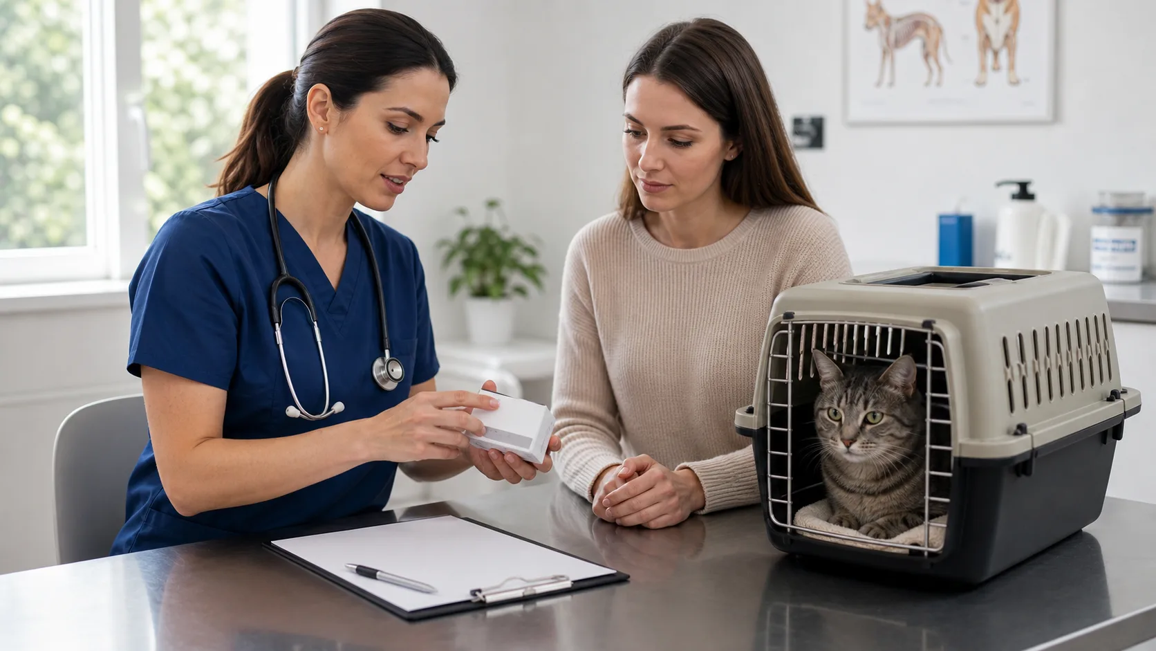 Vétérinaire vérifiant un emballage de médicament après ingestion de paracétamol par un chat