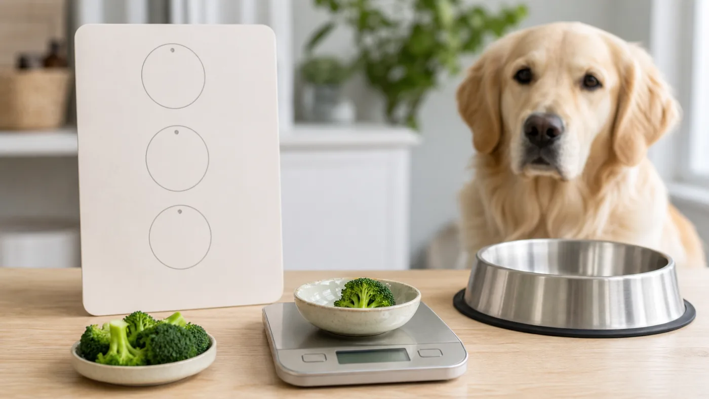 Petite portion de brocoli pesée à côté d'une gamelle de chien